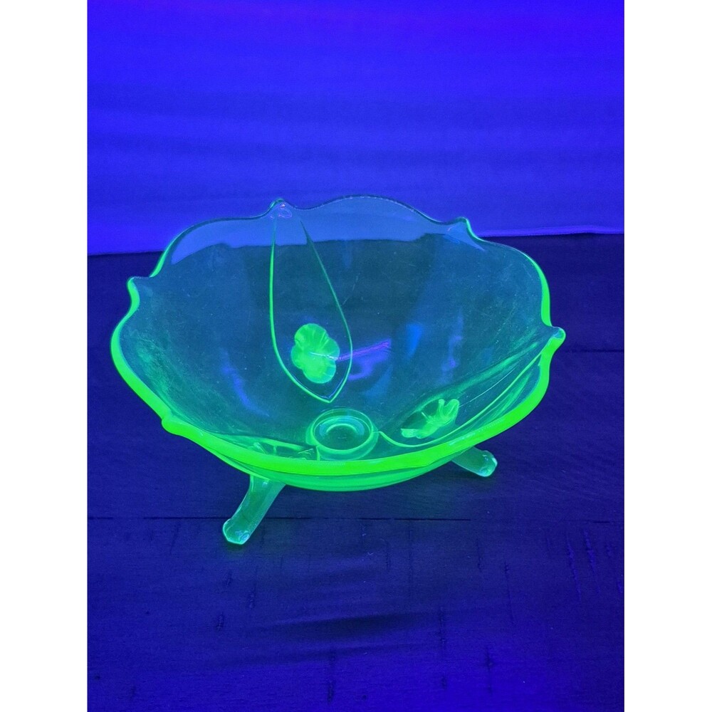 Vintage Lancaster Jubilee 3 Footed Petal Bowl Rare Green Glass Uranium